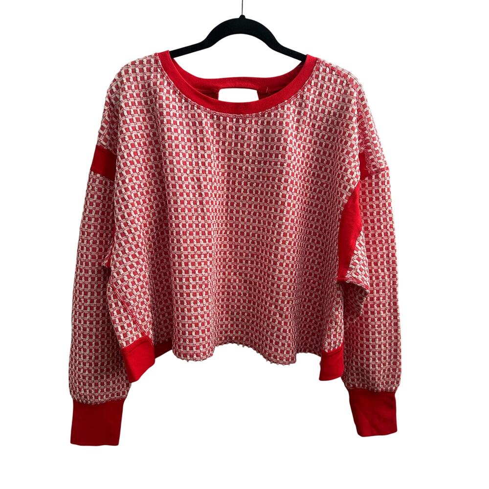 Free People Victory Red Open Back Textured Sweatshirt Top Medium